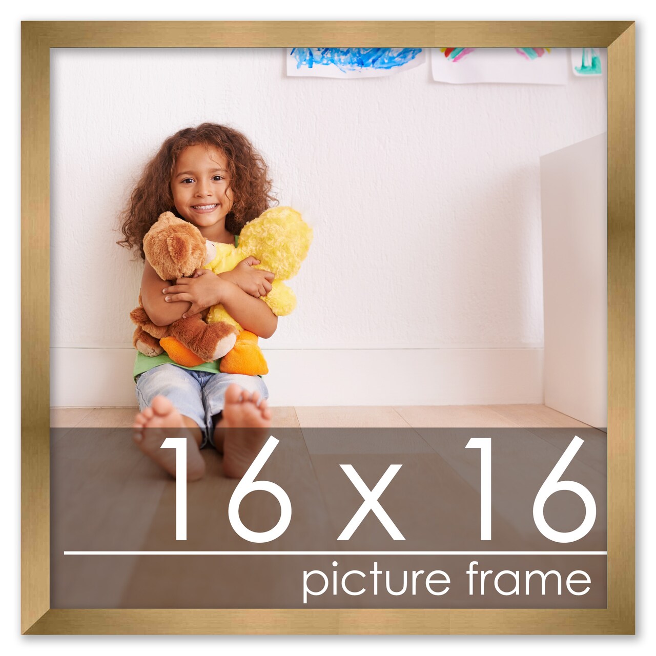 16x16 Gold Wood Picture Square Frame - UV Acrylic, Foam Board Backing, Hanging Hardware